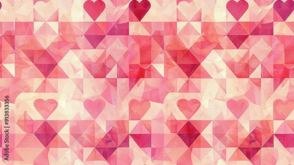 Aufkleber A watercolor pattern featuring red hearts layered on top of a geometric pattern of light pink and red triangles.
