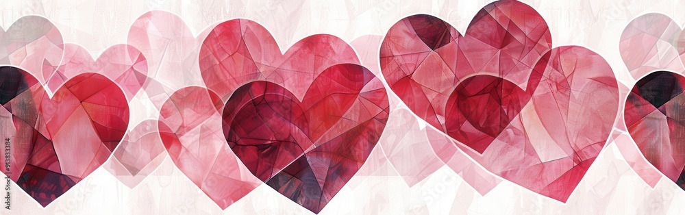 Poster A digital illustration featuring several red and pink hearts rendered in a watercolor style. The hearts are overlapping each other and are rendered in a slightly transparent style.