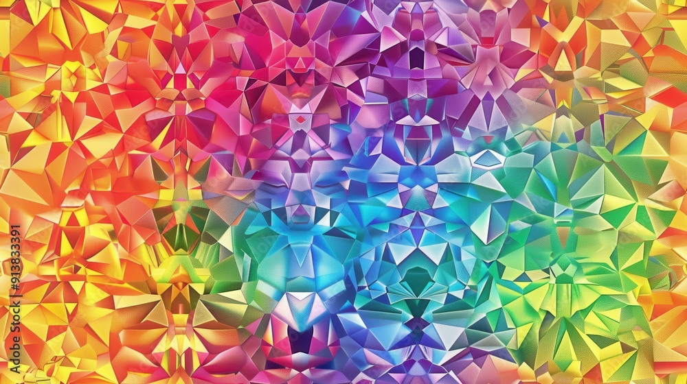 Poster A colorful abstract background with a geometric pattern of iridescent polygons in shades of red, orange, yellow, green, blue, and purple.