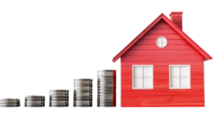 Money and a model of a detached house on transparent background
