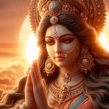 Goddess Parvati is portrayed in a sunset background