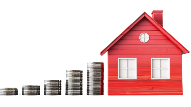 Money and a model of a detached house on transparent background - Powered by Adobe