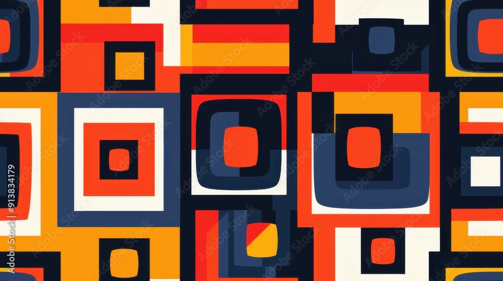 Fototapete A digital illustration featuring a seamless pattern of overlapping squares in various shades of orange, red, blue, and yellow. The squares are arranged in a random pattern, creating a dynamic and eye-