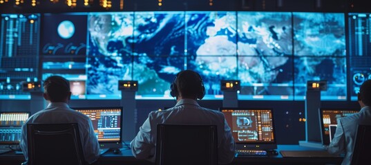 Mission Control Center Coordinating Satellite Launches with High-Tech Screens Displaying Trajectories