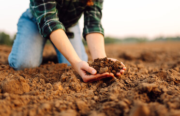 Female farmer hands holding black soil in their hands. Fertile land. garden field ground fertile concept.