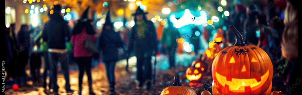 Poster A group of people dressed in Halloween costumes walk past lit jack-o'-lanterns on a crowded street. The festive atmosphere is highlighted by string lights and the soft glow of the pumpkins.