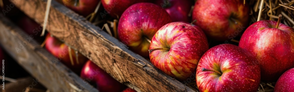 Aufkleber a wooden crate filled with ripe, red apples. the apples are arranged in a close-up view, revealing t