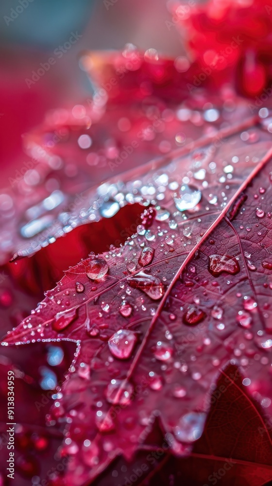 Poster a close-up shot captures a red leaf covered in dewdrops. the leaf's surface is textured and detailed