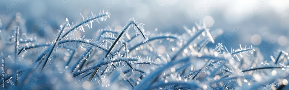 Poster a close up of delicate, frost-covered blades of grass, glistening with ice crystals in the soft morn