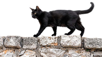 Sleek Black Cat Walking on a Rustic Stone Wall on Transparent Background, Perfect for Animal and Nature Designs