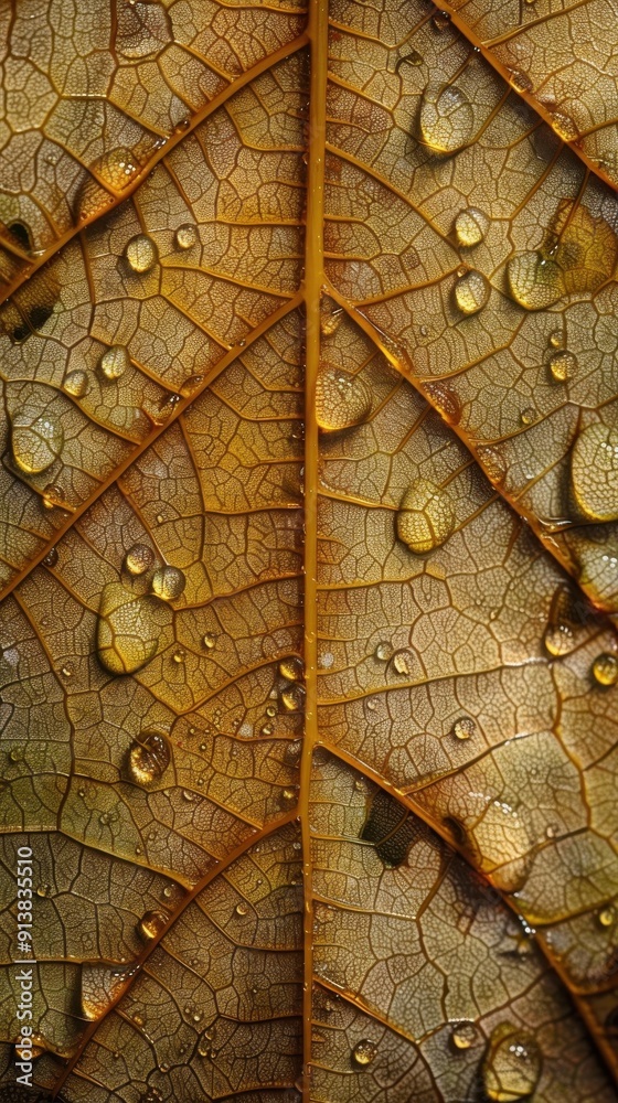 Fototapete a close-up image captures water droplets resting on the surface of a brown leaf. the intricate veins