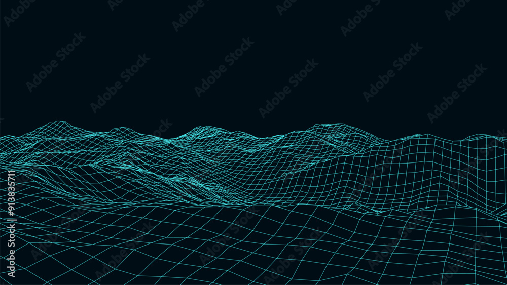 Wall mural Vector mountain wireframe landscape. Technology polygonal terrain. Futuristic blue background.