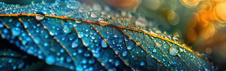 The image shows a close-up view of a leaf covered in dew drops, with the sun shining through the leaves in the background, creating a bokeh effect. The leaf is a deep blue-green color, and the dew dro