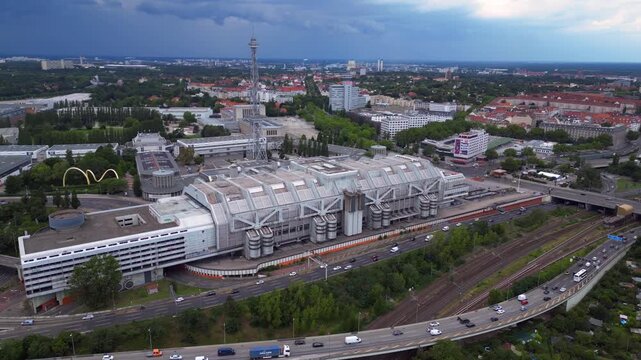 Berlin skyline, radio tower, exhibition grounds. Wonderful aerial view drone