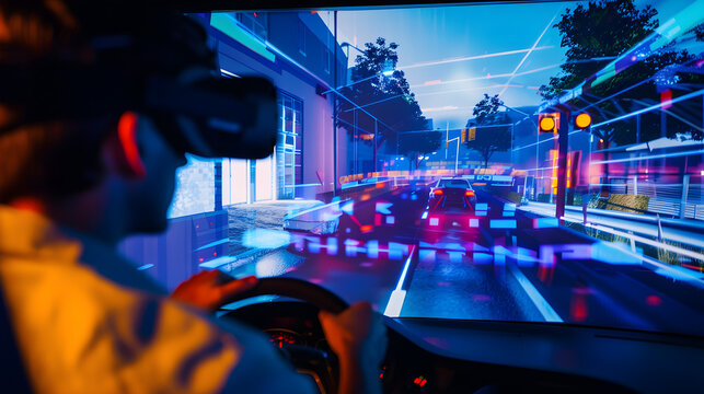 Immersive holographic simulation of driving experience with futuristic technology, offering a realistic virtual reality experience.