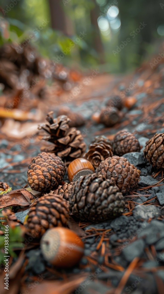 Poster a collection of fallen pine cones and acorns rest on a bed of gravel and pine needles on the forest 