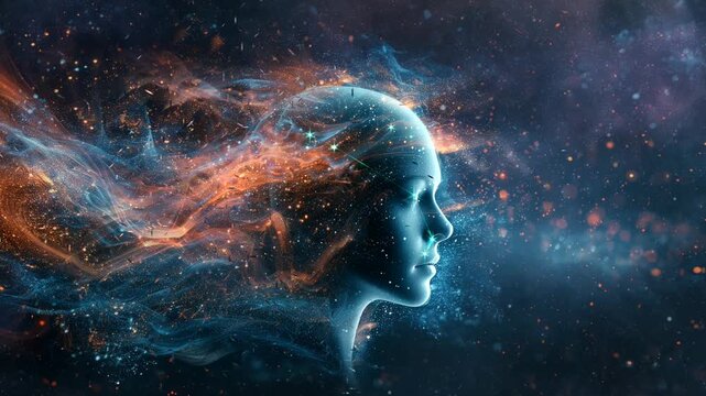 Woman's face in digital art with dynamic cosmic energy flow like a nebula in outer space