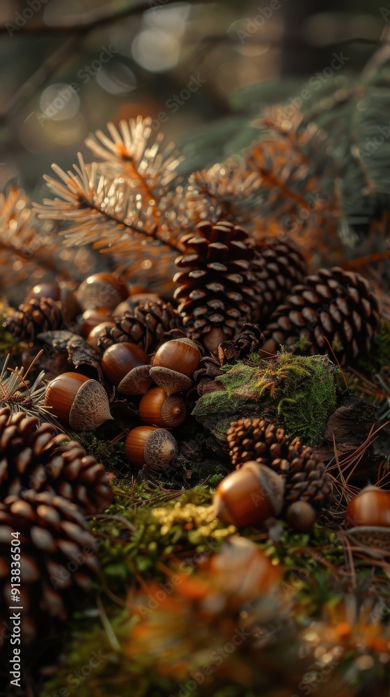 Poster acorns and pine cones rest on a bed of moss on a forest floor. the sun shines on the acorns, making 