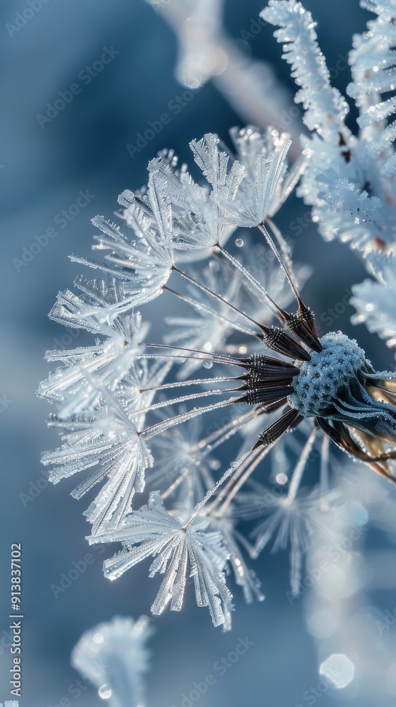 Aufkleber a delicate dandelion seed head is covered in frost on a crisp winter day. the intricate patterns of 