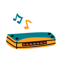 A yellow and blue brass harmonica in a flat style with notes. Wind musical instrument for solo use, orchestra. An isolated shiny tool. Flat vector illustration highlighted on a white background
