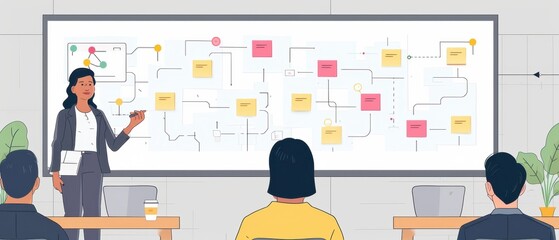 Business presentation with a woman explaining a flowchart to three colleagues in a modern office setting.