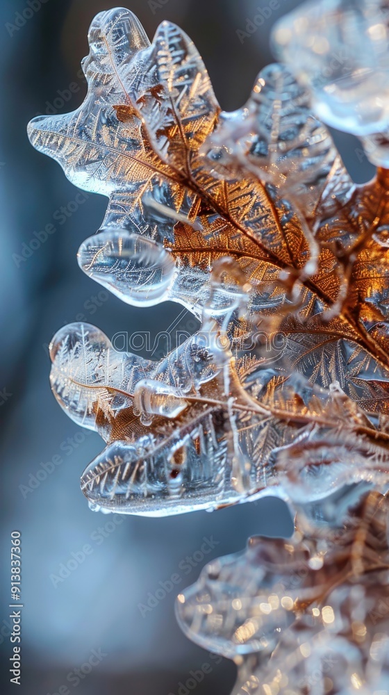 Poster A close-up shot of a single oak leaf covered in ice, showcasing the intricate details of the leaf's structure and the delicate patterns formed by the ice. The background is blurred, creating a soft, e