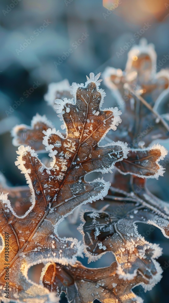Poster a close-up photo of a frost-covered oak leaf, illuminated by the warm light of the winter sun. the i
