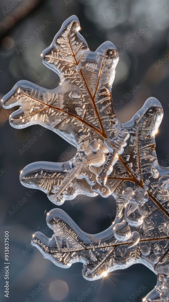 Poster A single oak leaf is encased in clear, frozen ice, its intricate veins and texture visible through the crystal-like surface. The sunlight shines through the ice, casting a subtle glow on the frozen le