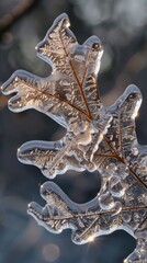 Obraz premium A single oak leaf is encased in clear, frozen ice, its intricate veins and texture visible through the crystal-like surface. The sunlight shines through the ice, casting a subtle glow on the frozen le