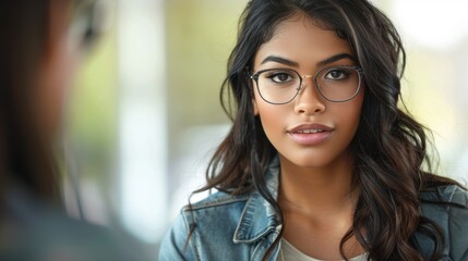 Fototapeta premium Confident young woman with glasses and wavy hair in casual denim jacket, indoors setting with natural daylight.