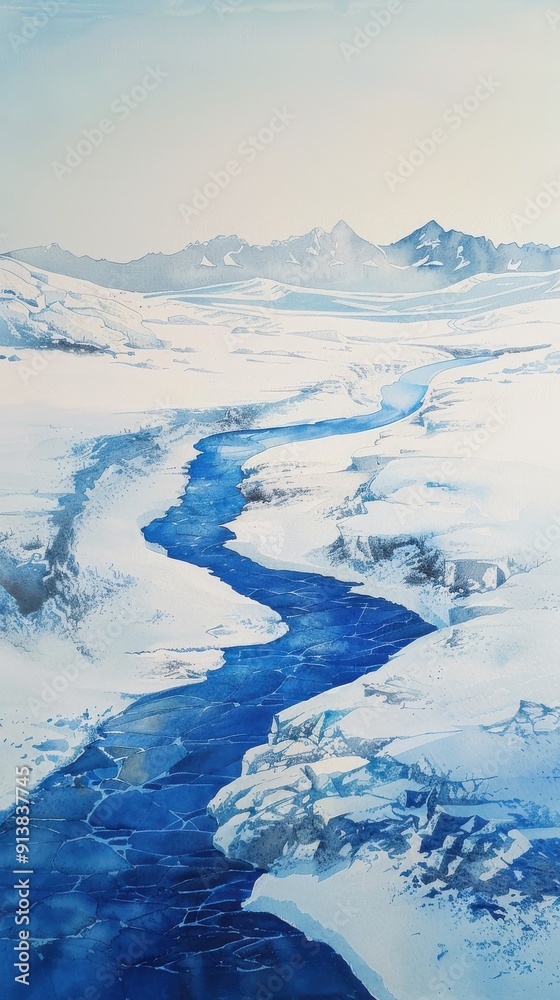 Poster a winding river flows through a snowy mountain landscape. the river is a deep blue, and the snow is 