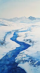 A winding river flows through a snowy mountain landscape. The river is a deep blue, and the snow is white and pristine. The mountains in the background are covered in snow and ice. The sky is a pale b