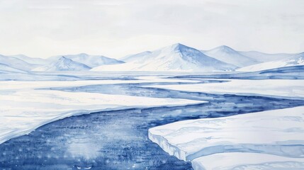 A watercolor painting depicting a snowy, mountainous landscape with a winding river flowing through the middle of the scene. The river is blue and the surrounding land is white, with hints of blue in 