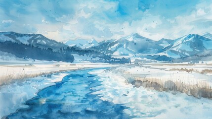 Obraz premium A watercolor painting depicts a river flowing through a snowy valley, surrounded by snow-capped mountains and a forest. The sky is a soft blue with wispy clouds.