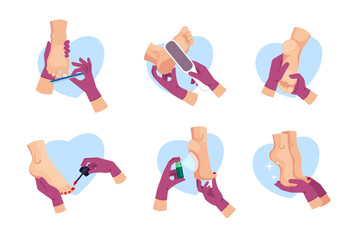 foot spa icons. well-groomed peeling natural women feet, hygiene cartoon foot skin care icons, foot pedicure step by step. vector cartoon flat items collection.