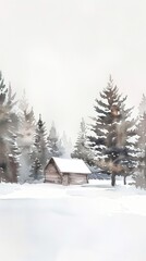 Fototapeta premium A watercolor painting of a small wooden cabin nestled amidst a snowy forest. The cabin has a snow-covered roof and is surrounded by tall, dark evergreen trees. The snowy landscape is covered in a soft