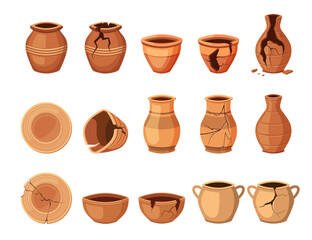 pottery set. vases plates urns, ceramic earthenware, cartoon old ancient antique pots. vector cartoon flat objects collection.