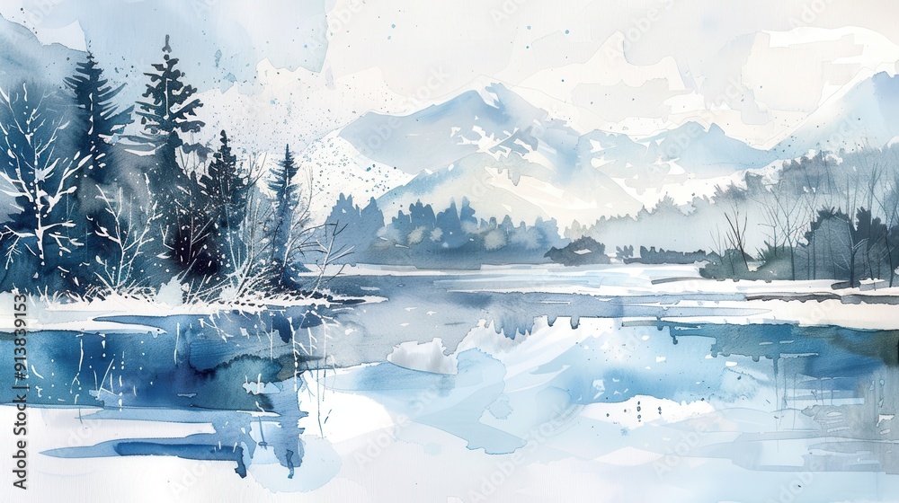Poster a watercolor painting of a frozen lake in a snowy forest. the lake is covered in ice and snow, and t