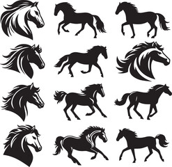 Fototapeta premium Horse Silhouettes Vector Set. Black and White Collection of Horse Heads, isolated on white background