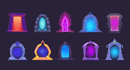 magic portals set. stone arches between worlds, cartoon fantasy fairy tale teleport gates collection, planets, galaxy archways. vector cartoon portals set. © alex_cardo