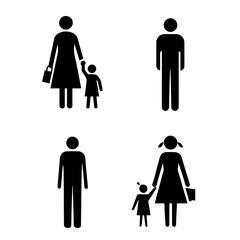The mother holds the child's hand, the father stands at a distance from them. Vector black icons with people on the theme of family and divorce