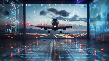 Virtual reality flight simulator hologram displays realistic graphics and controls in a futuristic environment.