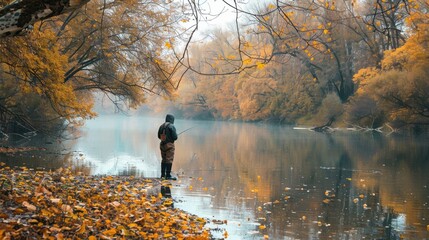 A lone fisherman stands on the bank of a river surrounded by fall foliage. He is casting his line into the still water on a foggy autumn morning.