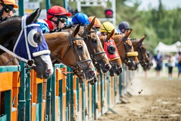 Horse Racing Start: Jockeys and Horses Poised for Action at the Starting Gates