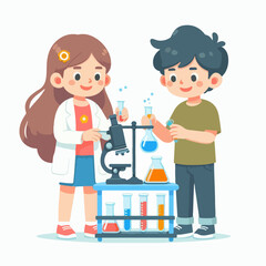 Little scientist wearing coat and doing research in lab
