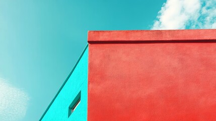 Colorful building with red and blue walls against blue sky
