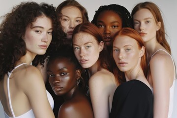 A convergence of women of various backgrounds, their expressions solemn and strong, captured in a tightly framed portrait highlighting diversity and solidarity.