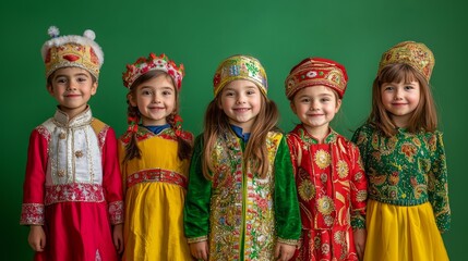 Fototapeta premium Group of children in traditional colorful costumes on green background