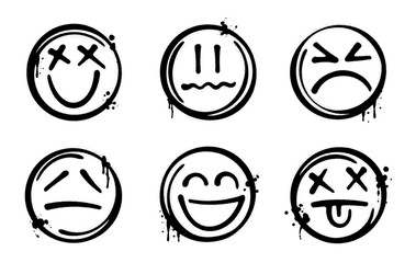 Set of graffiti spray paint emojis. Grunge and dirty emoticon design elements for banners, flyer, cards, poster, collages and ads.
