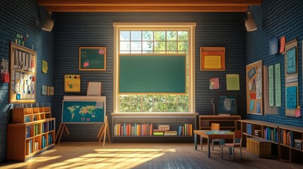 Cozy classroom with books and chalkboard by a window